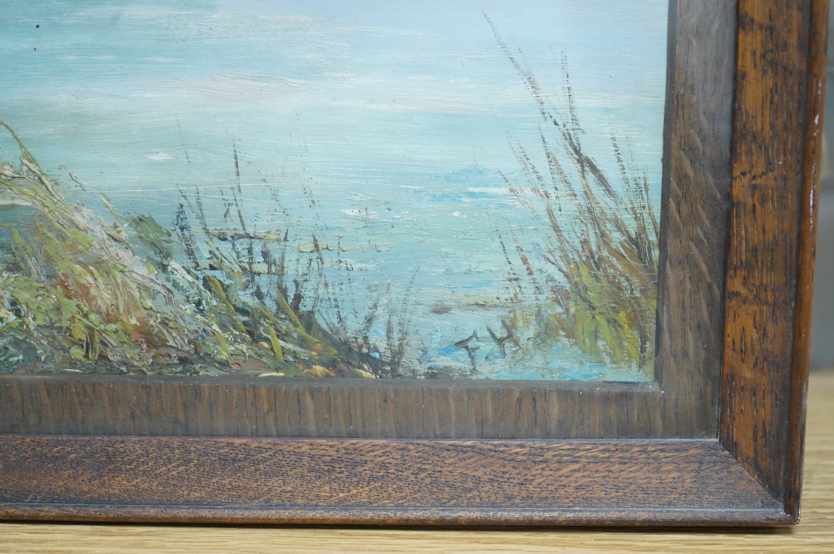 F. H., monogrammist, 'By the river', signed, Winter's Art Exhibition, Derby, 1887-1888 inscribed label verso, oil on canvas, 34 x 47cm